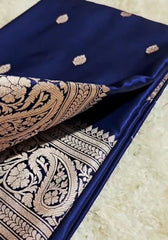 Aastha – Navy Blue Banarasi Satin Silk Saree with Antique Paisley Zari Work