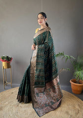 Elegantly Green Color Woven Silk Saree with Silver, Copper, and Antique Detailing