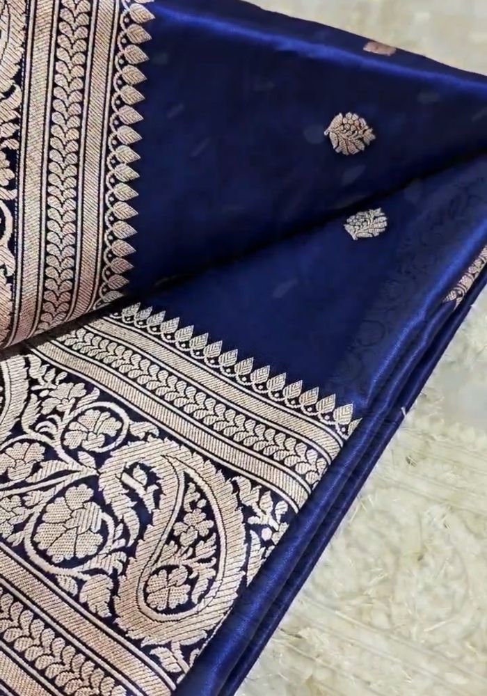 Aastha – Navy Blue Banarasi Satin Silk Saree with Antique Paisley Zari Work