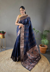 Elegantly Navy Blue Color Woven Silk Saree with Silver, Copper, and Antique Detailing