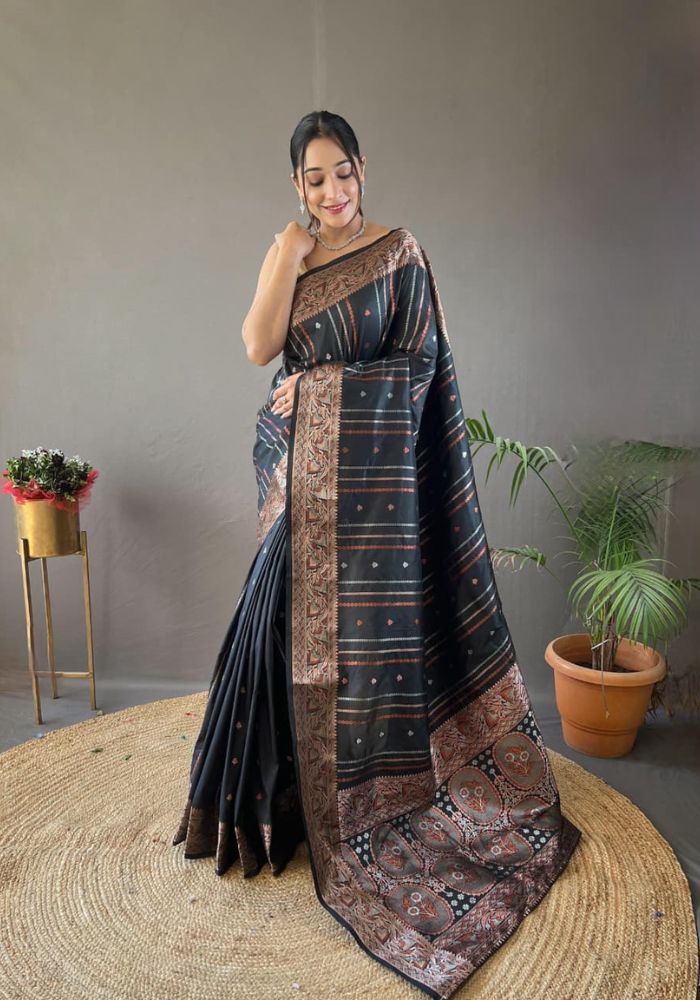 Elegantly Black Color Woven Silk Saree with Silver, Copper, and Antique Detailing