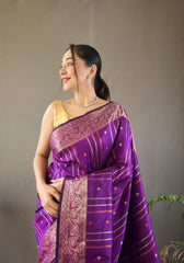 Elegantly Purple Color Woven Silk Saree with Silver, Copper, and Antique Detailing