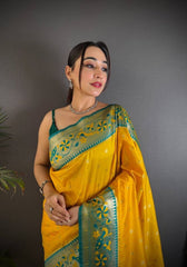 Opulent Yellow Paithani Silk Saree With Skinny Blouse Piece