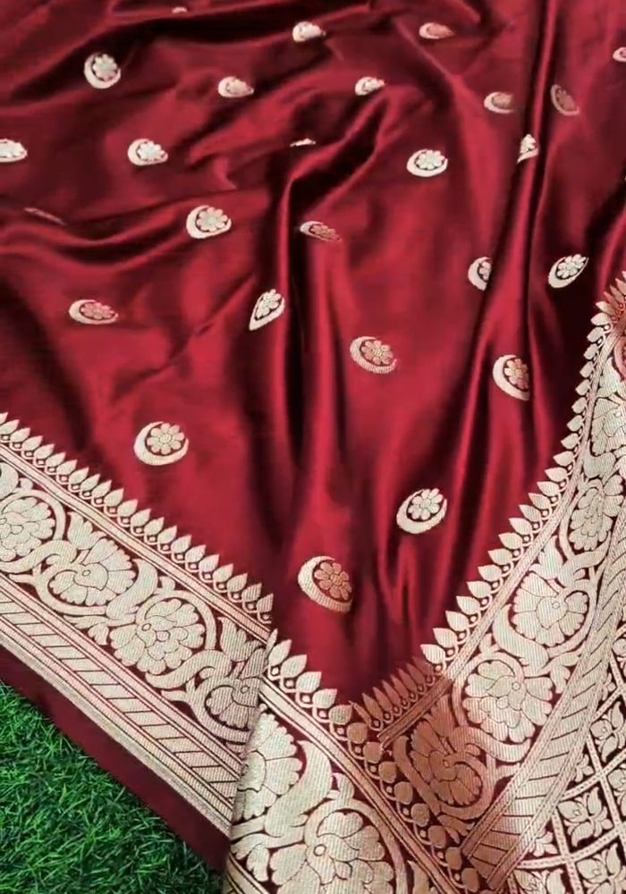Kritika – Maroon Banarasi Satin Silk Saree With Golden Zari Work