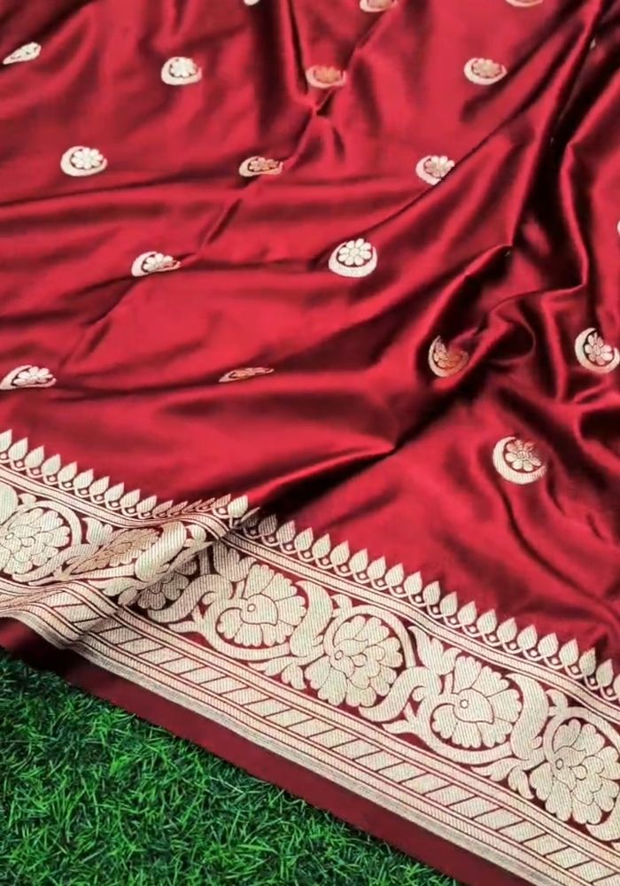 Kritika – Maroon Banarasi Satin Silk Saree With Golden Zari Work