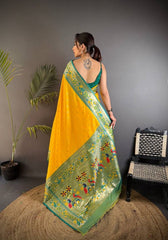 Opulent Yellow Paithani Silk Saree With Skinny Blouse Piece