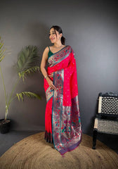 Pleasant Dark Pink Paithani Silk Saree With Enthralling Blouse Piece