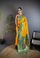 Opulent Yellow Paithani Silk Saree With Skinny Blouse Piece