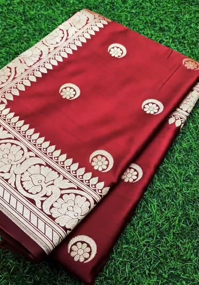 Kritika – Maroon Banarasi Satin Silk Saree With Golden Zari Work
