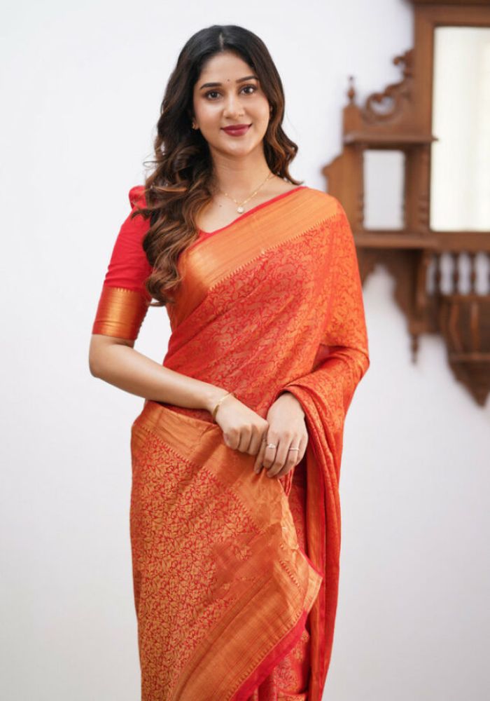 Sharini – Traditional Red Soft Silk Saree with Refined Weaves