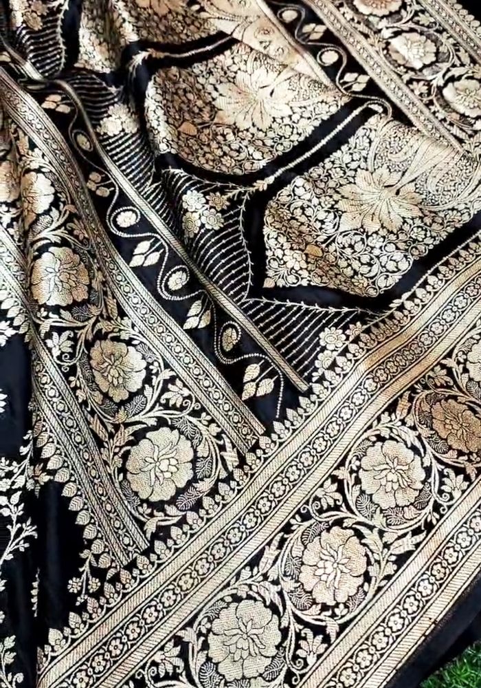Maithili – Black Banarasi Satin Silk Saree with Golden Zari Work