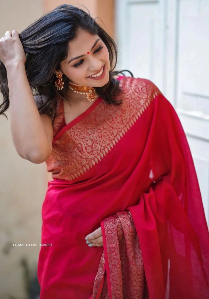 Nayira - Red Soft Silk Saree with Silver Zari Border and Matching Blouse