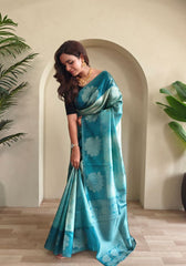 Amara – Rama Banarasi Soft Silk Saree with Floral Weave