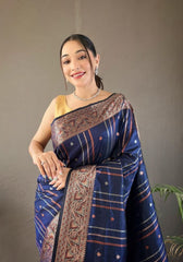 Elegantly Navy Blue Color Woven Silk Saree with Silver, Copper, and Antique Detailing
