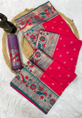 Pleasant Dark Pink Paithani Silk Saree With Enthralling Blouse Piece