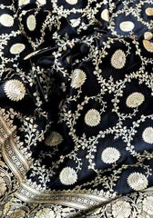 Maithili – Black Banarasi Satin Silk Saree with Golden Zari Work