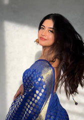 Admyrin Blue Soft Silk Designer Party Wear Banarasi Saree with Blouse Piece