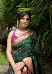 Iravati – Deep Green Banarasi Soft Silk Saree with Golden Butti Elegance