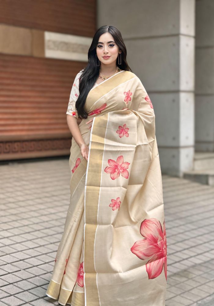 Jasmine Beige Tissue Silk Saree