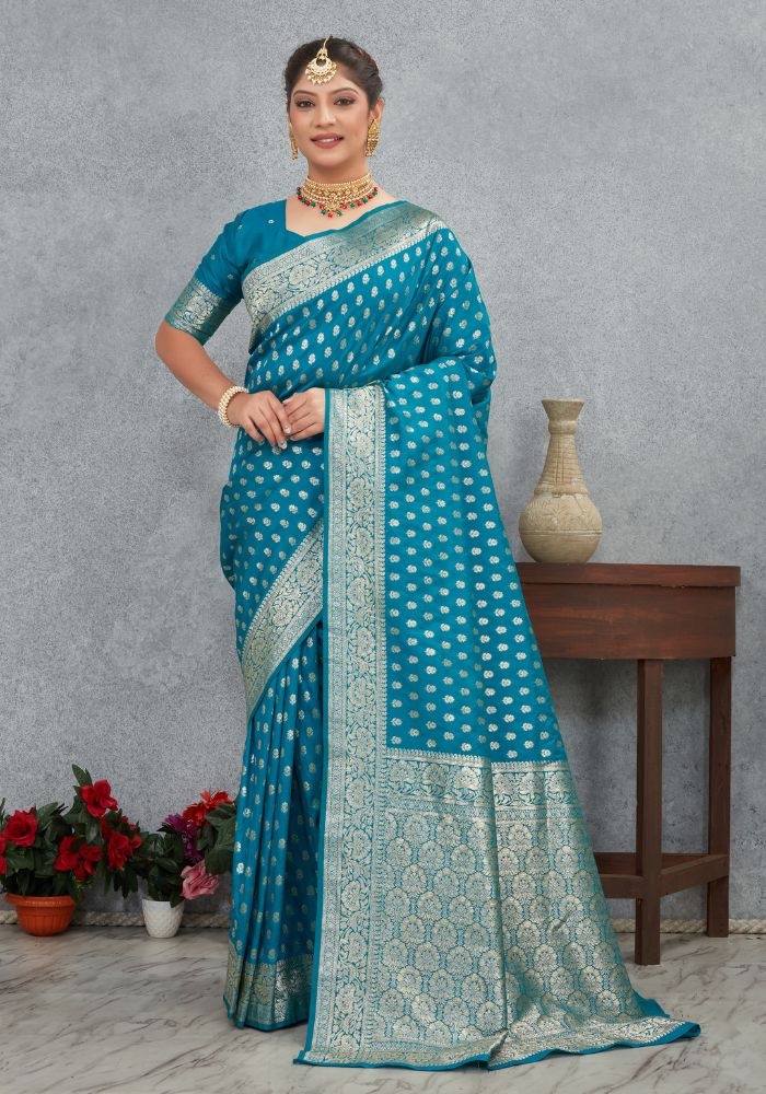 Charmi Teal Blue Banarasi Soft Silk Saree