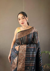 Elegantly Black Color Woven Silk Saree with Silver, Copper, and Antique Detailing