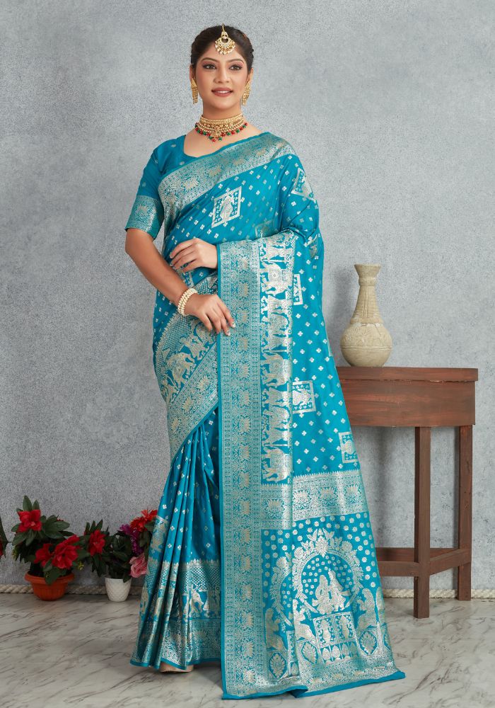 Janaki Teal Blue Banarasi Soft Silk saree