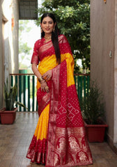 Ziyana Red Gold Bandhej Silk Saree
