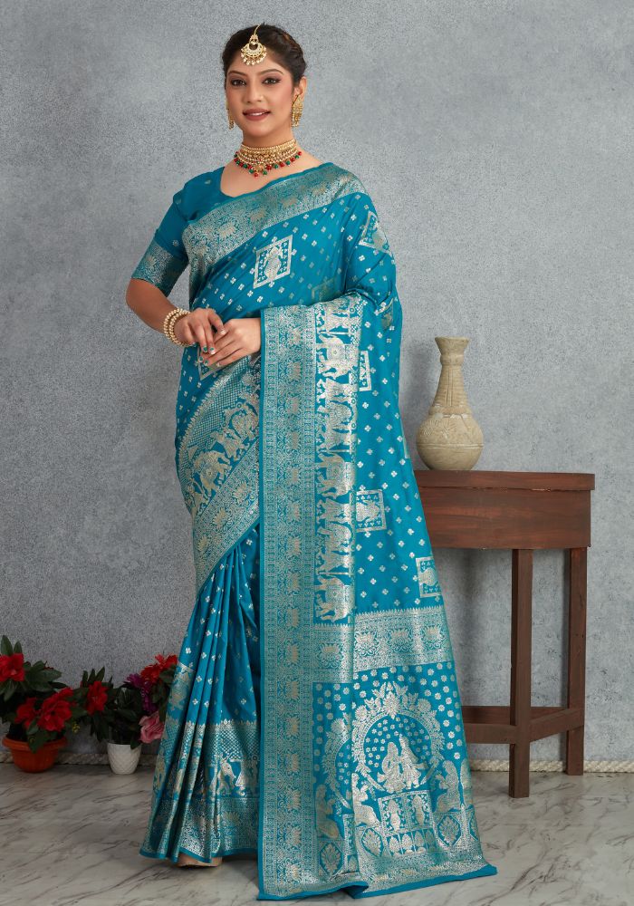 Janaki Teal Blue Banarasi Soft Silk saree