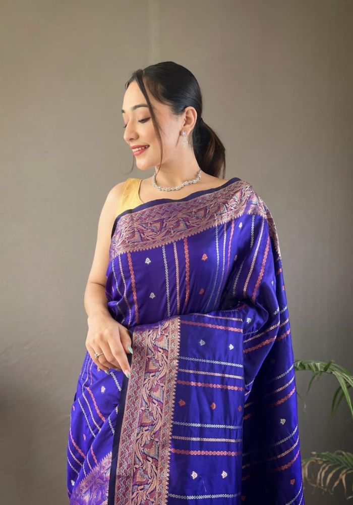 Elegantly R.Blue Color Woven Silk Saree with Silver, Copper, and Antique Detailing