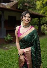 Iravati – Deep Green Banarasi Soft Silk Saree with Golden Butti Elegance