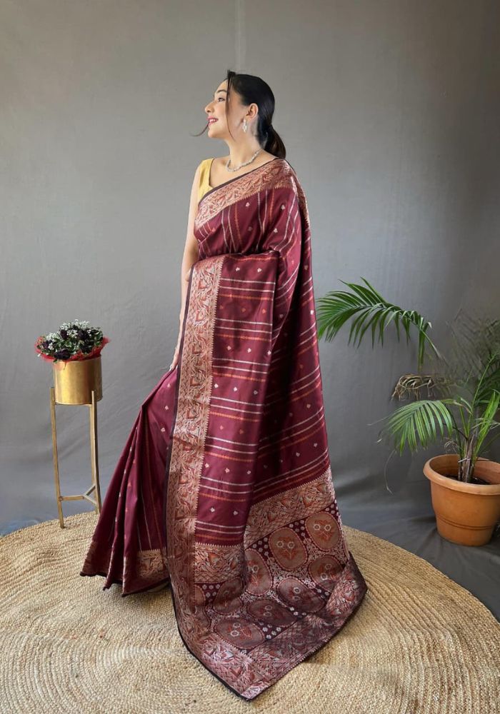 Elegantly Maroon Color Woven Silk Saree with Silver, Copper, and Antique Detailing
