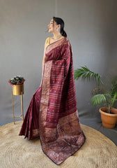 Elegantly Maroon Color Woven Silk Saree with Silver, Copper, and Antique Detailing