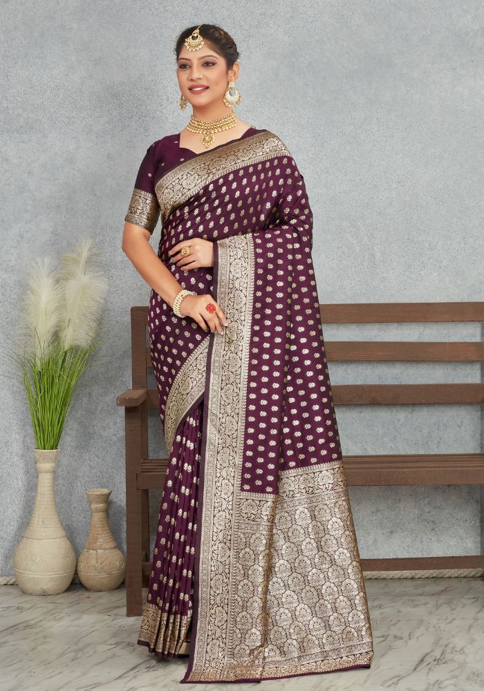 Charmi Wine Banarasi Soft Silk Saree