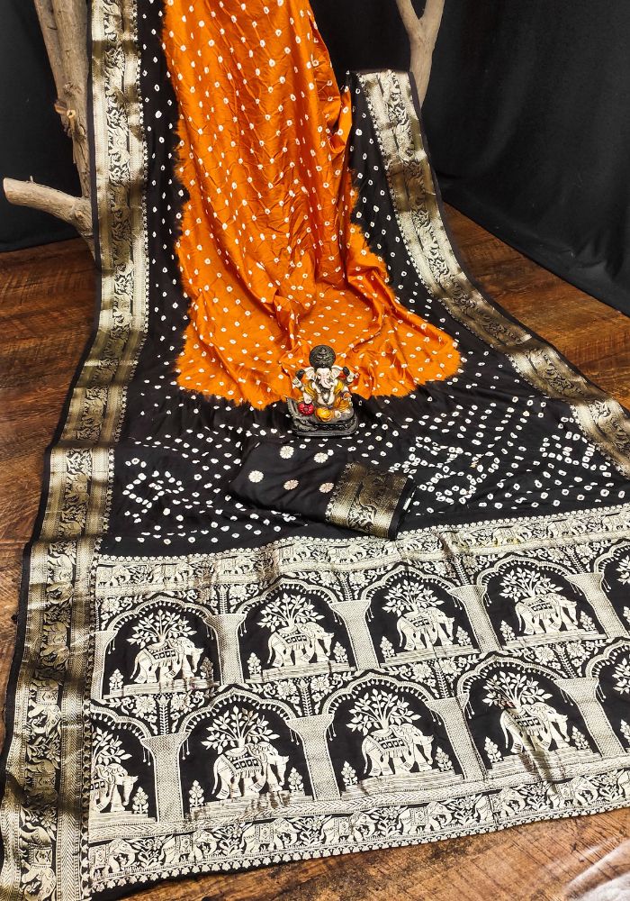 Ziyana Black Orange Bandhej Silk Saree