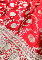 Ruhika – Scarlet Red Banarasi Satin Silk Saree with Traditional Zari Weaving