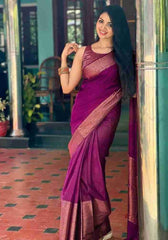 Nayira - Wine Soft Silk Saree with Silver Zari Border and Matching Blouse