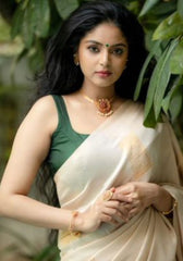 Mridula – Beige Kasavu Soft Silk Saree with Golden Elegance