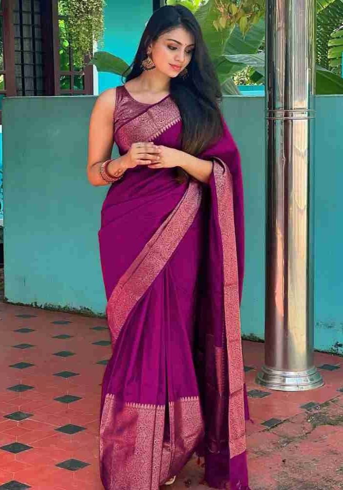 Nayira - Wine Soft Silk Saree with Silver Zari Border and Matching Blouse