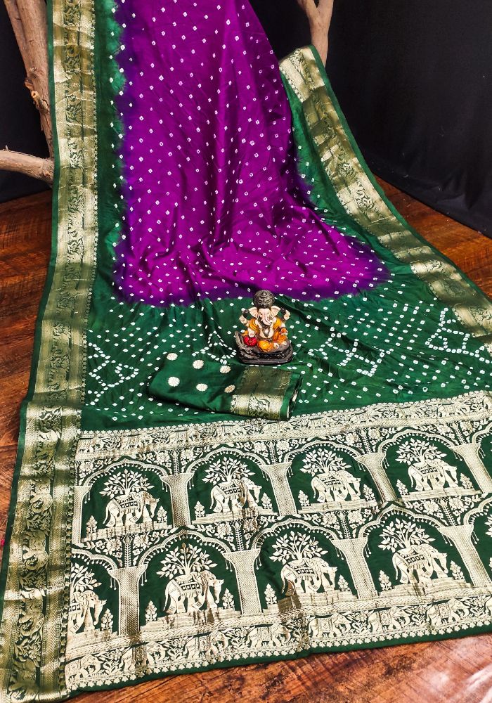 Ziyana B.green Rani Bandhej Silk Saree