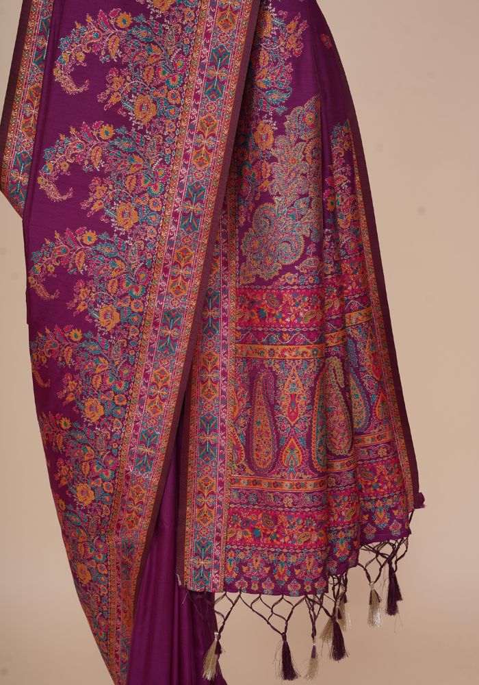 Glamorous Wine Pashmina Saree With Artistic Minakari Work