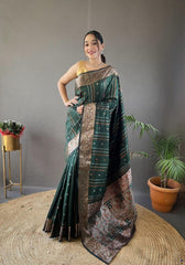 Elegantly Green Color Woven Silk Saree with Silver, Copper, and Antique Detailing
