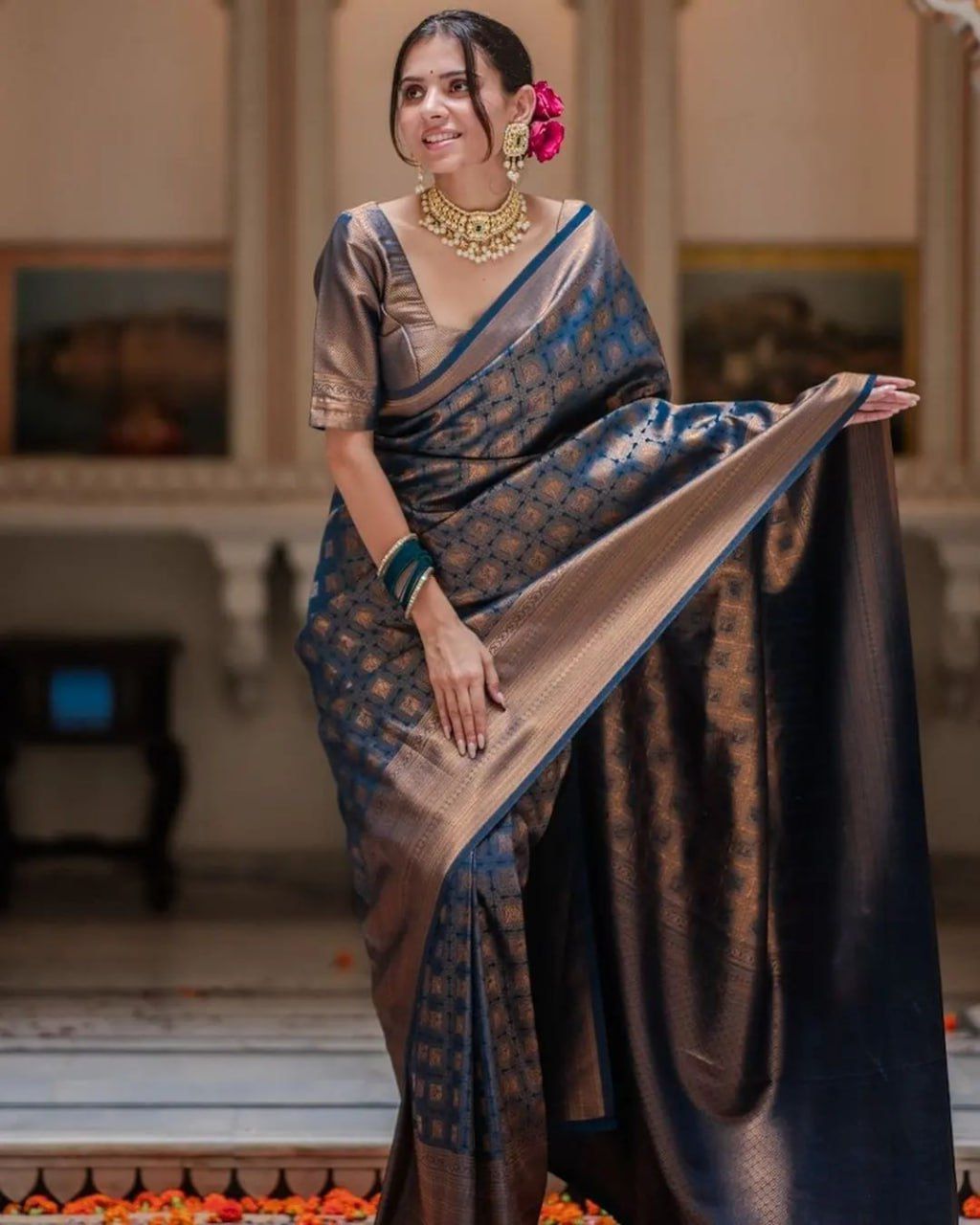 Raveena N.blue Banarasi Silk Saree