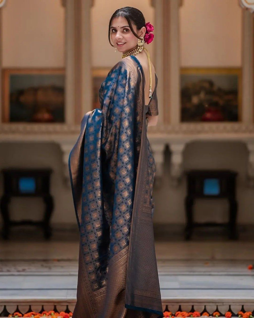 Raveena N.blue Banarasi Silk Saree
