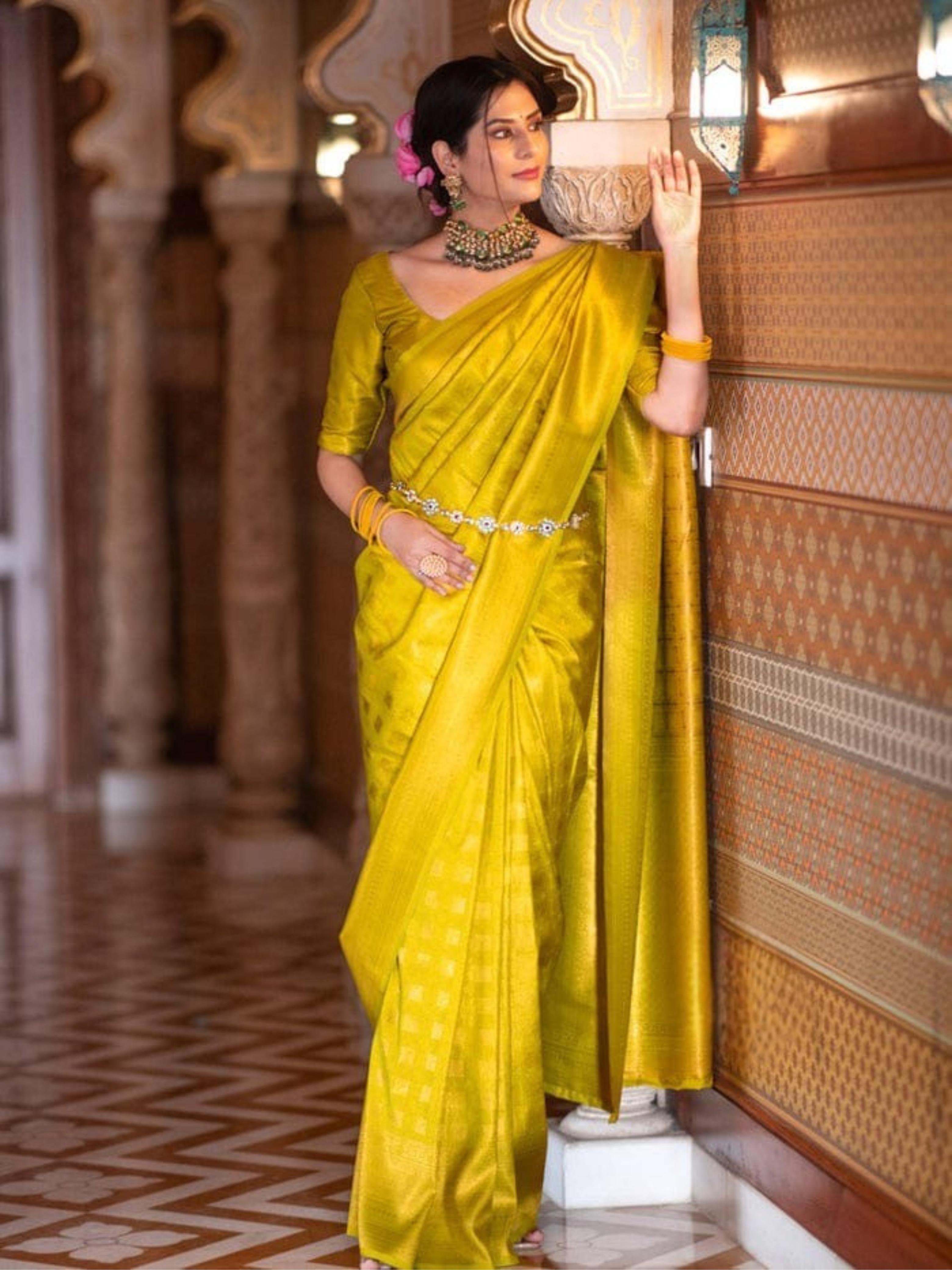 Raveena Lemon Banarasi Silk Saree