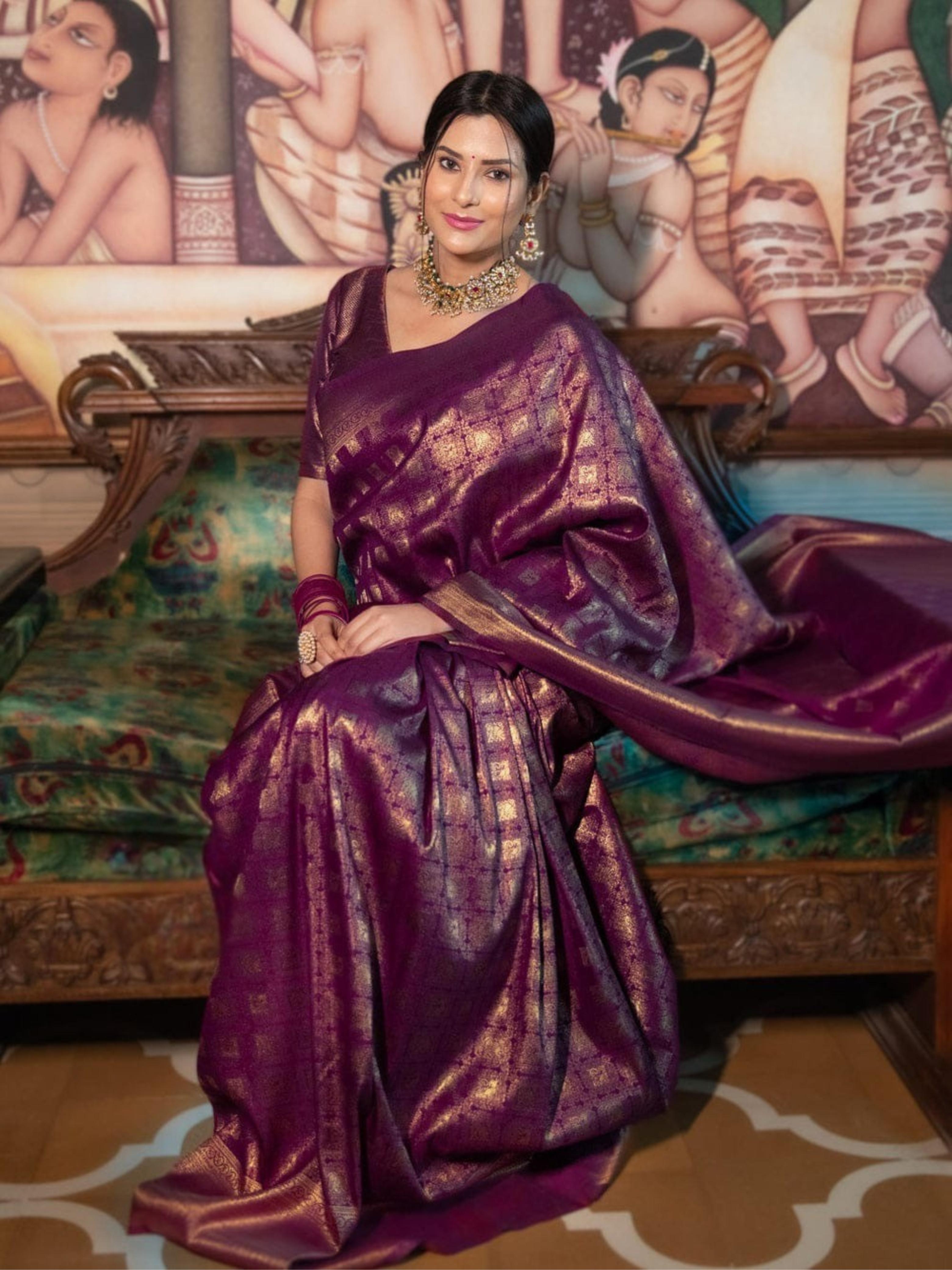 Raveena Wine Banarasi Silk Saree