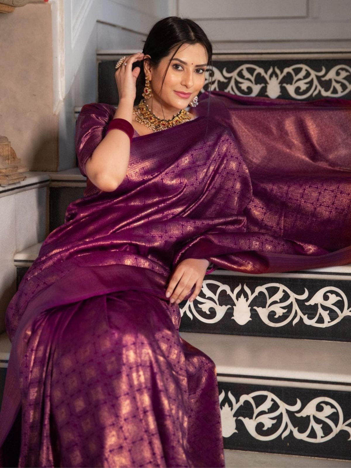 Raveena Wine Banarasi Silk Saree