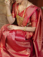 Maruti – Coral Red Woven Silk Saree with Zari Subtlety