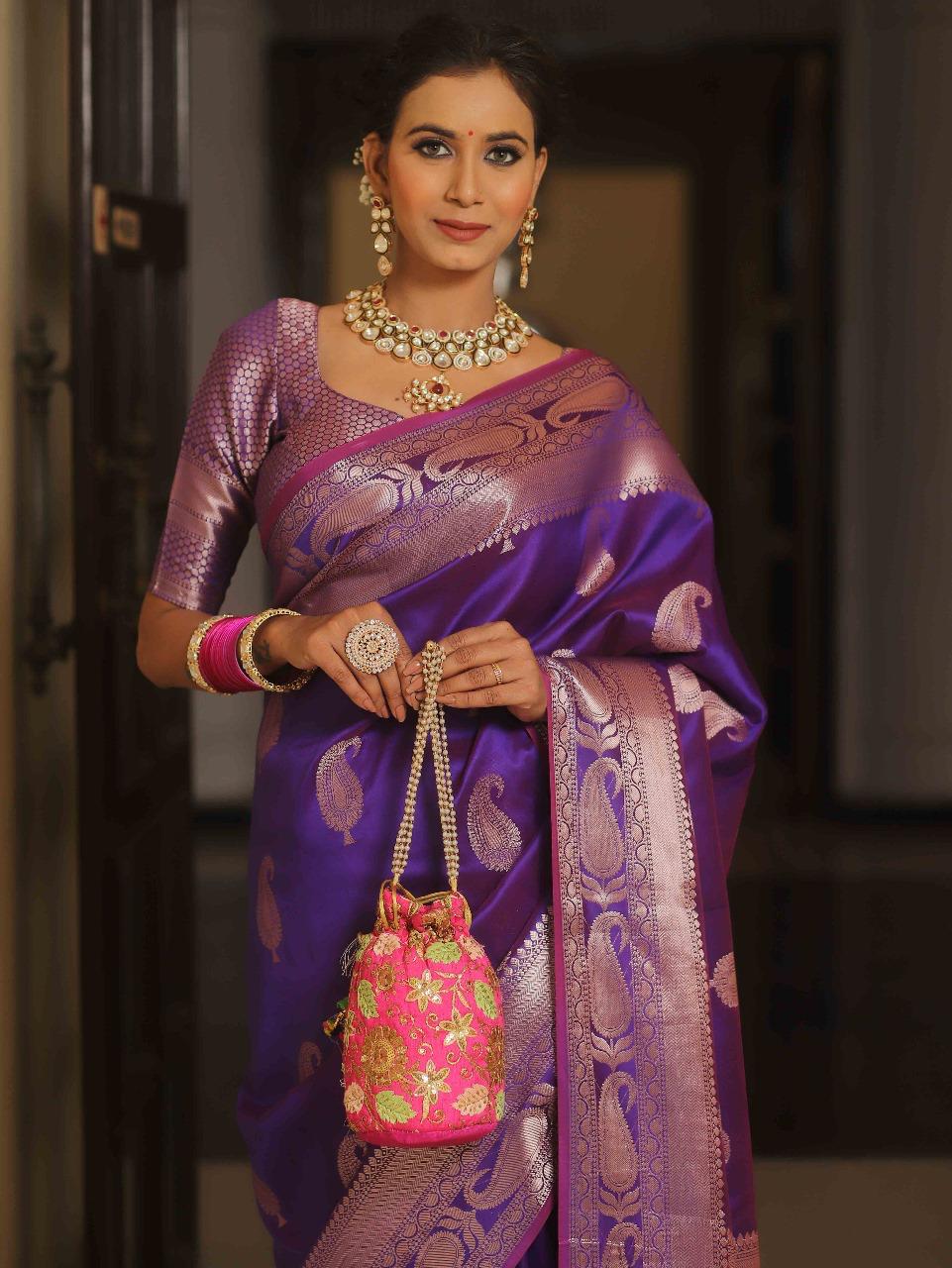 Mrinalini – Purple Banarasi Silk Saree with Golden Paisley Weaving