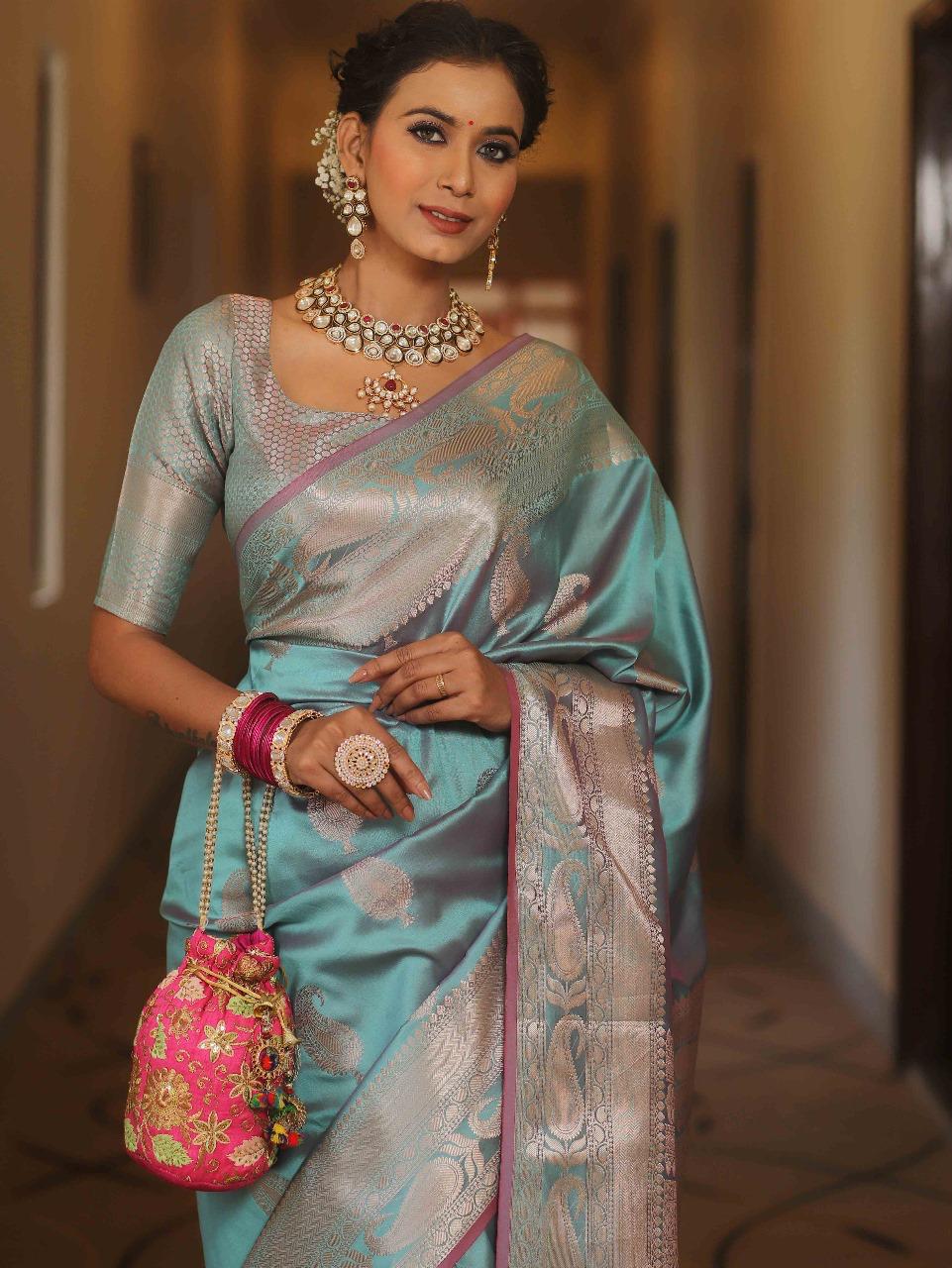 Mrinalini – Sky Blue Banarasi Silk Saree with Golden Paisley Weaving