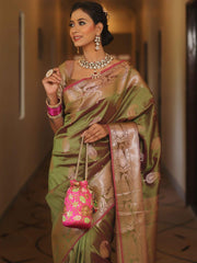 Mrinalini – Green Banarasi Silk Saree with Golden Paisley Weaving